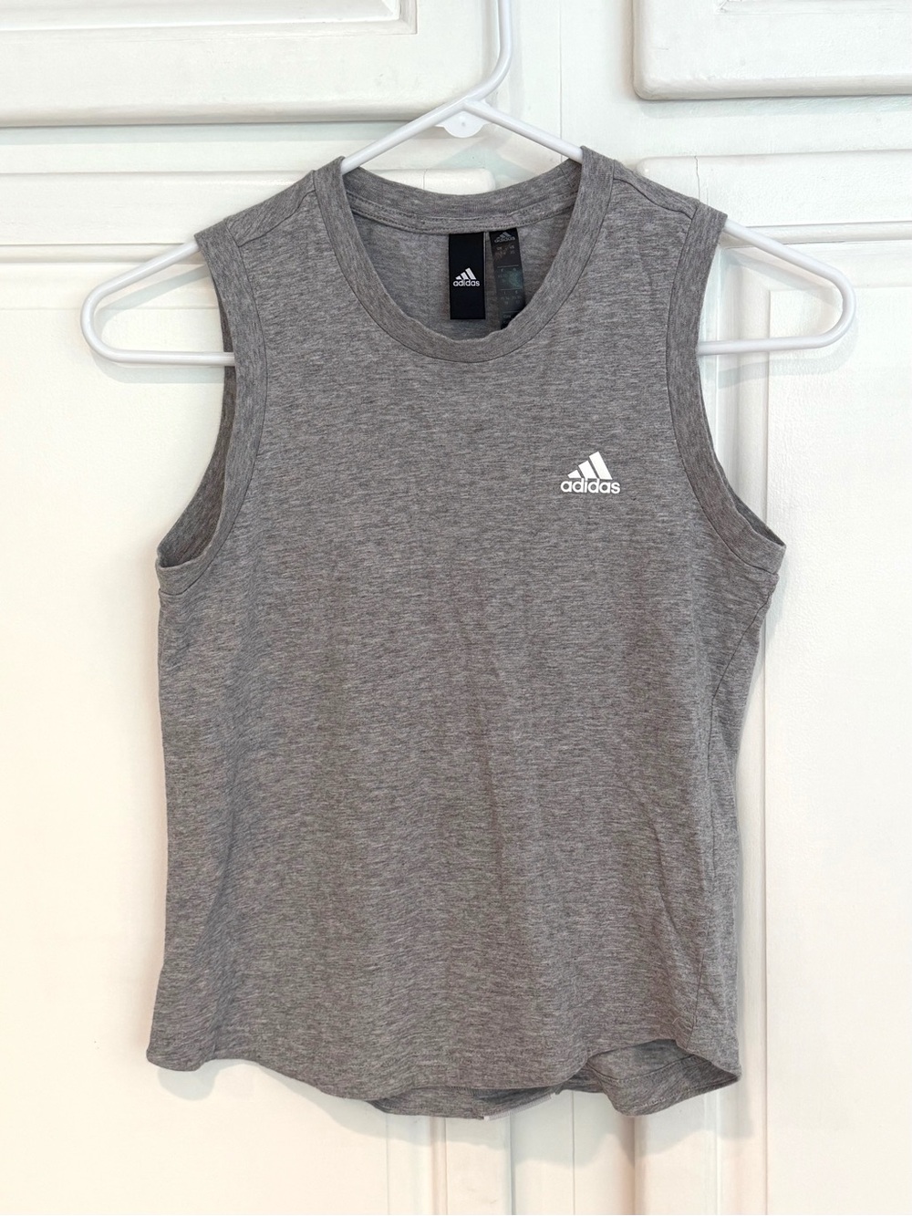 Adidas Womens XS Fashion Tank Gray Crew Neck Cotton Vertical Stripe Logo Accent
